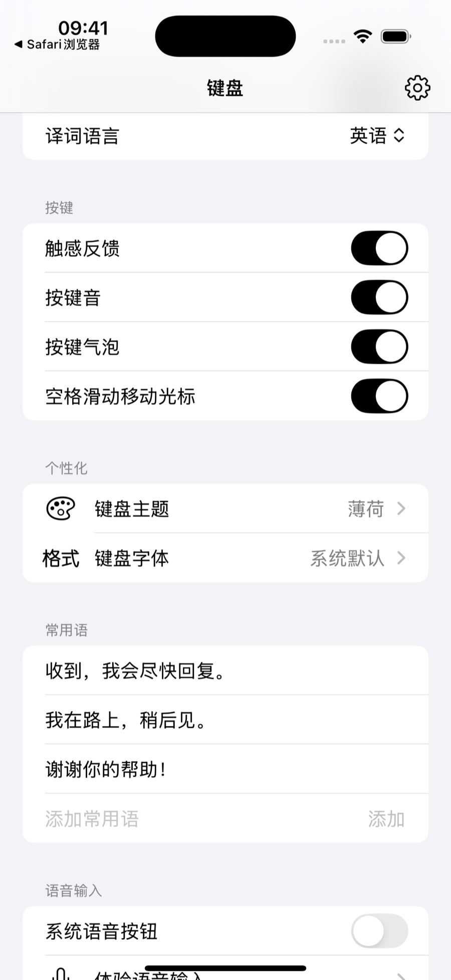 DDUP 键盘的常用语面板截图：深色演示场景中，键盘上方展示已保存的常用短语列表